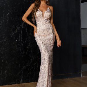 Brand New Contrast Mesh Zip Back Sequin Prom Dress Champagne
